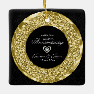 Ornement En Céramique Diamants D'Or Et Damas Noirs. 50e anniversaire