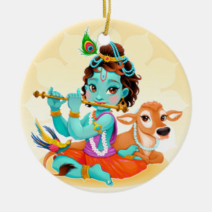 Ornement En Céramique Dieu indien de Krishna jouant l'illustration de