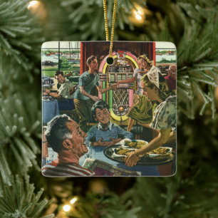 Ornement En Céramique Dîner vintage en famille à un dîner avec Jukebox