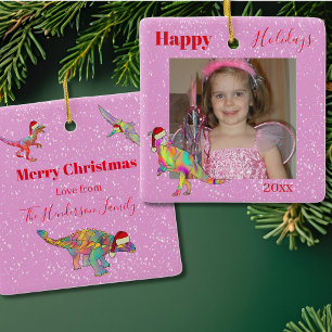 Ornement En Céramique Dinosaurs Christmas photo Personalized pink