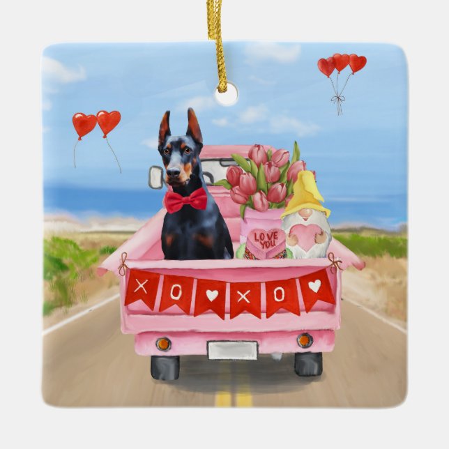 Ornement En Céramique Doberman Chien Saint-Valentin Coeurs de camion (Devant)