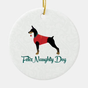 Ornement En Céramique Doberman Pinscher Feliz Naughty Chien Noël