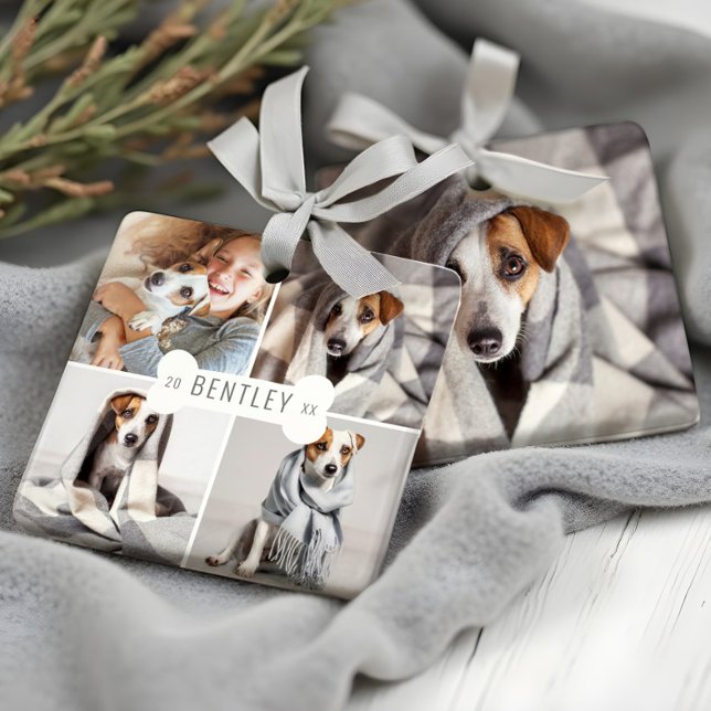 Ornement En Céramique Dog Bone Modern Four Photo Pet Collage (Dog Bone Modern Four Photo Pet Collage Ceramic Ornament)
