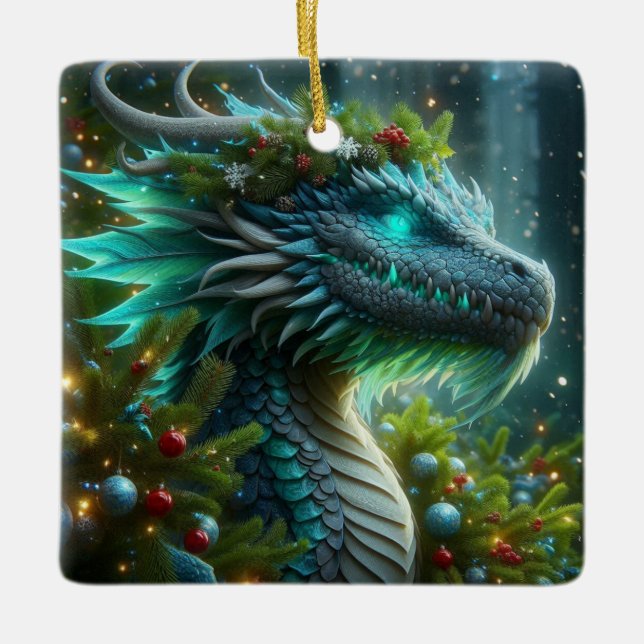 Ornement En Céramique Dragon de Noël Turquoise Magique (Devant)