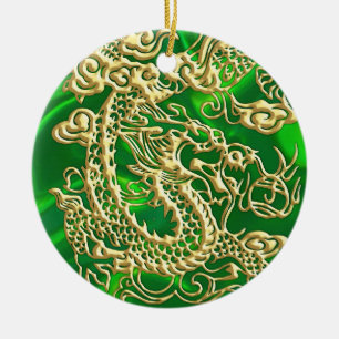 Ornement En Céramique Dragon en or embouti sur satin vert
