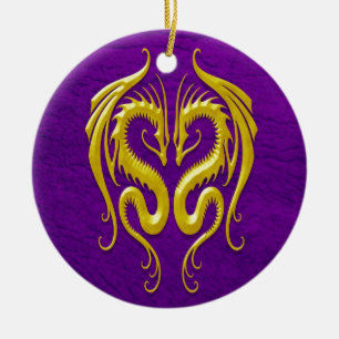 Ornement En Céramique Dragons, jaune et pourpre de fer