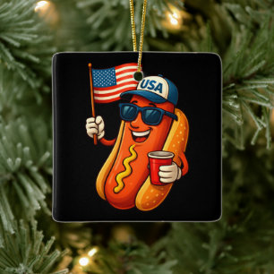 Ornement En Céramique Drapeau 4 juillet Hotdog Funny Patriotique USA