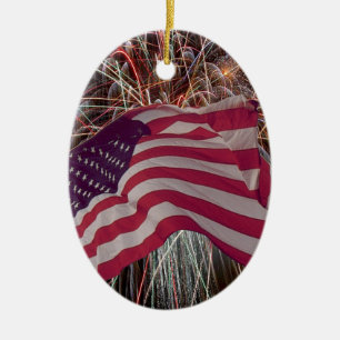 Ornement En Céramique Drapeau américain et feux d'artifice