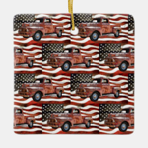 Ornement En Céramique Drapeau américain vintage Red Truck