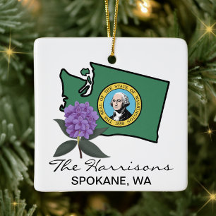 Ornement En Céramique Drapeau de Washington et Fleur Rhododendron du Pac
