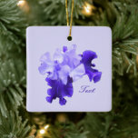 Ornement En Céramique Drapeau violet romantique Iris Customisé<br><div class="desc">Cette conception comporte un iris drapeau violet romantique avec votre nom ou un autre message contre un arrière - plan violet pâle. Tapez les informations souhaitées dans la section Personnalisée, telles que le nom, les initiales ou l'année. J'aime la quasi luminescence et la variété des textures et des formes dans...</div>