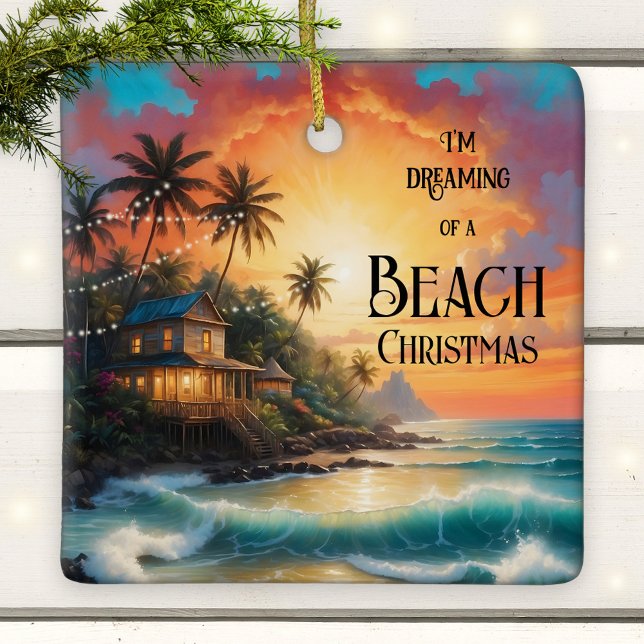 Ornement En Céramique Dreaming of a Tropical Beach Christmas Ornament (Colorful Christmas ornament featuring a painting of a house on a tropical beach)