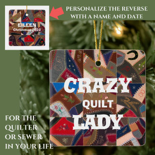 Ornement En Céramique Drôle "Crazy Quilt Lady" Custom Patchwork Quilt