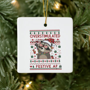 Ornement En Céramique Drôle de Noël surstimulé et festif de Raccoon