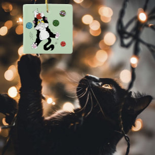 Ornement En Céramique Drôle Mignon Chat Tuxedo Noir Blanc Vacances Vert