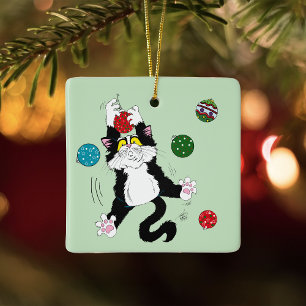 Ornement En Céramique Drôle Mignon Chat Tuxedo Noir Blanc Vacances Vert
