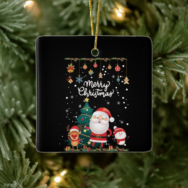 Ornement En Céramique Drôle Père Noël, Snowman, Reindeer Joyeux Noël (Arbre)