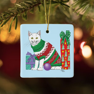 Ornement En Céramique Drôle Sweater de Noël laid Sarcastique Chat Blanc 