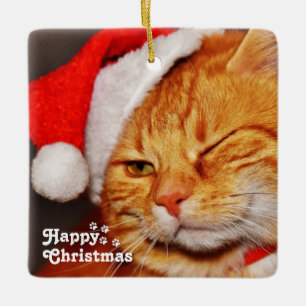 Ornement En Céramique Drôle Wink Cat Père Noël&Happy Christmas Unique
