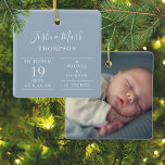 Ornement En Céramique Dusty Blue Baby Boy Birth Stats Photo<br><div class="desc">Personnalisez avec le nom du bébé et les statistiques de naissance et la photo spéciale au verso. Un joli souvenir pour célébrer votre nouvelle arrivée ! Conçu par Thisisnotme©</div>