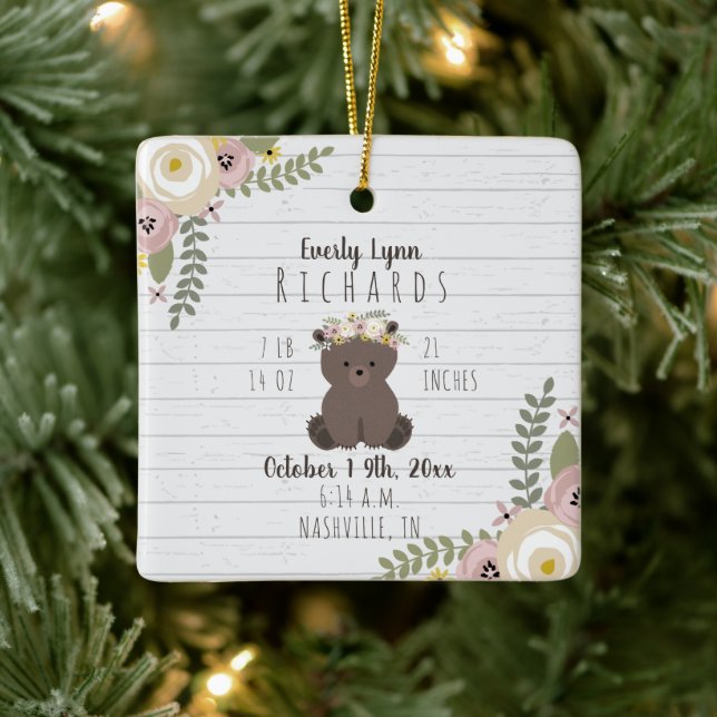 Ornement En Céramique Dusty Floral Bear Cub Baby Girl Birth Stats (Arbre)