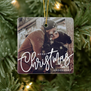 Ornement En Céramique Écriture Moderne Joyeux Noël Photo Couple Branché