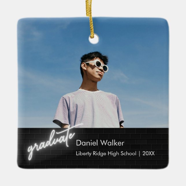 Ornement En Céramique Écriture moderne noir Neon Photo Graduation (Devant)