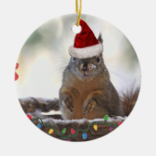 Ornement En Céramique Écureuil de Noël dans le panier avec la neige