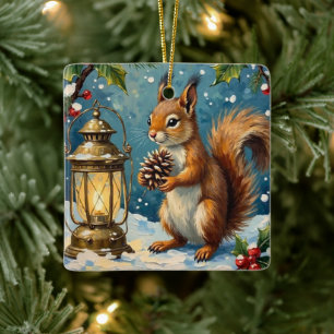 Ornement En Céramique Écureuil vintage avec lanterne de Noël hivernale