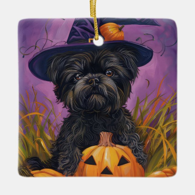 Ornement En Céramique Éffrayant Affenpinscher Halloween sorcière et Citr (Devant)