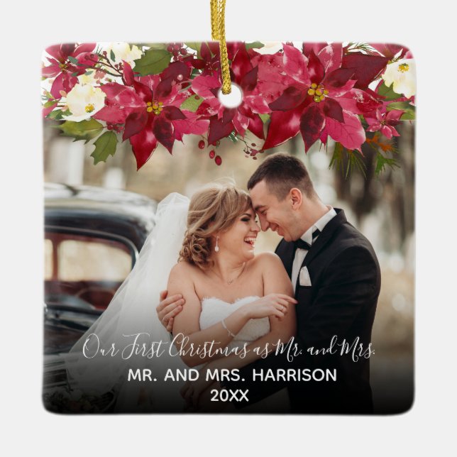 Ornement En Céramique Elégant 2 Photo Floral Notre premier Noël M. Mme (Devant)
