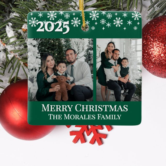 Ornement En Céramique Elegant 2 Photo Green Keepsake Family Photo (Elegant 2 photo two sided christmas ornament keepsake for unique gift from kids to mom grandma dad)