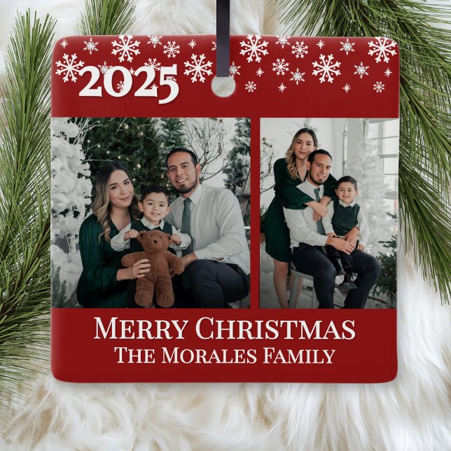 Ornement En Céramique Elegant 2 Photo Red Keepsake Family Photo (red elegant custom name keepsake christmas ornament with 2 photos for family friends gifts)