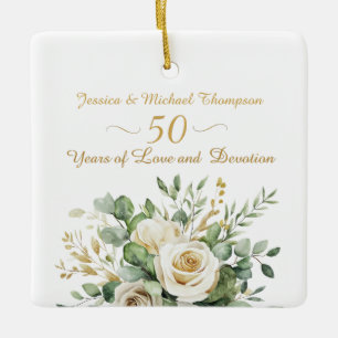 Ornement En Céramique Élégant 50e anniversaire Roses blanches Bagues or