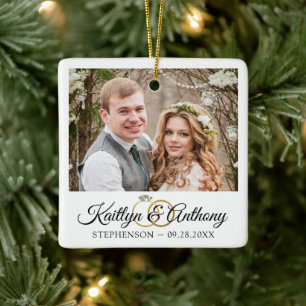 Ornement En Céramique Élégant anneau de mariage 2 Photo Commémoratif Bla