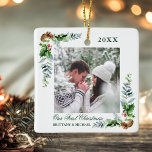 Ornement En Céramique Elégant Aquarelle Pine Couple Premier Noël<br><div class="desc">Elégante aquarelle Pine Cône Verdure et baies Holly Notre premier ornement photo en couple de Noël</div>