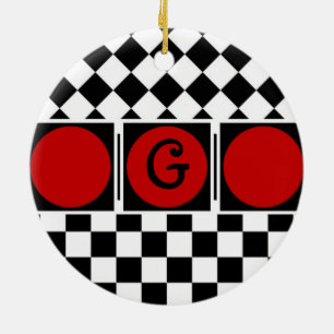 Ornement En Céramique Élégant bande rouge damier demi-diamant noir et bl
