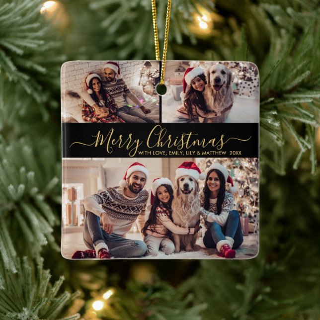 Ornement En Céramique Elégant Black Gold 3 Photo Collage Noël (Arbre)