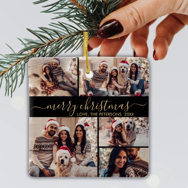 Ornement En Céramique Elégant Black Gold 5 Photo Collage Noël (Créateur téléchargé)