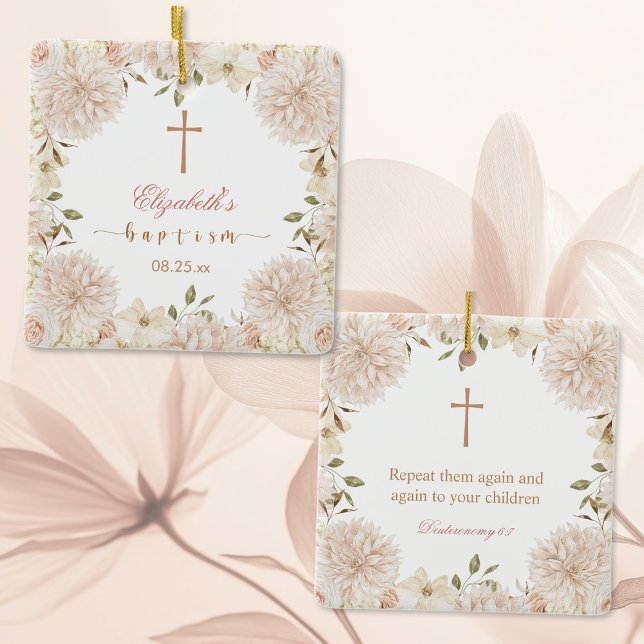 Ornement En Céramique Élégant Boho Rose Floral Baptism Ornament (Créateur téléchargé)