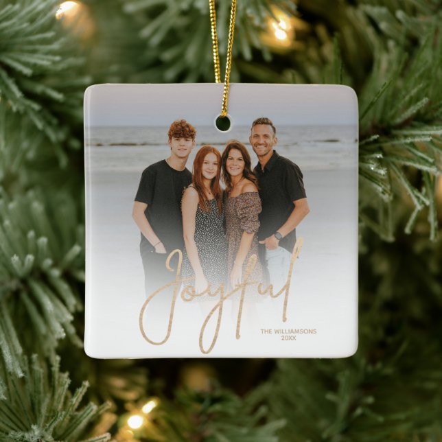 Ornement En Céramique Elegant Gold JOYFUL Script Photo Christmas (Arbre)