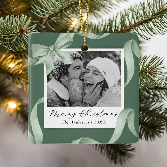 Ornement En Céramique Élégant Green Bow Photo Holiday (Créateur téléchargé)