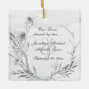 Ornement En Céramique Elégant Gris Floral Aquarelle Mariage chrétien