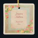 Ornement En Céramique Élégant Mariage Rose Vintage<br><div class="desc">Des décorations de mariage personnalisées et élégantes pour vous-même ou pour vos invités. Magnifique, glamour, romantique, collage vintage shabby art chic illustration rose, jaune et rouge roses sur un livre d'antiquités orné, assez vintage bronze et bleu pastel. Décor élégant, classe, tendance, glamour de style vintage avec vos noms et date...</div>
