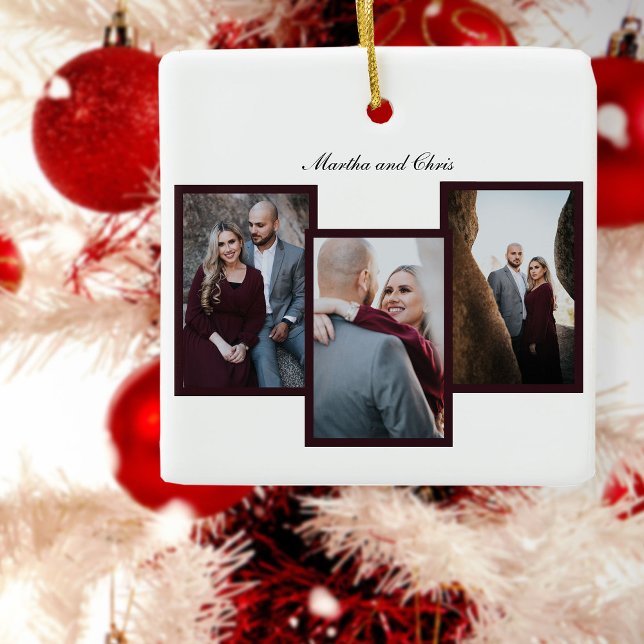 Ornement En Céramique Élégant Marié Script 3 Photo Collage Rouge (Créateur téléchargé)