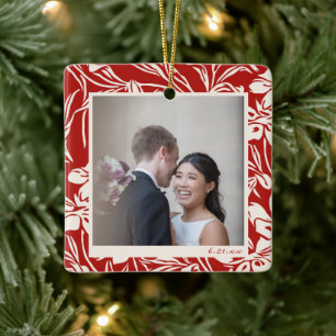 Ornement En Céramique Élégant motif Floral Rouge Photo personnalisée