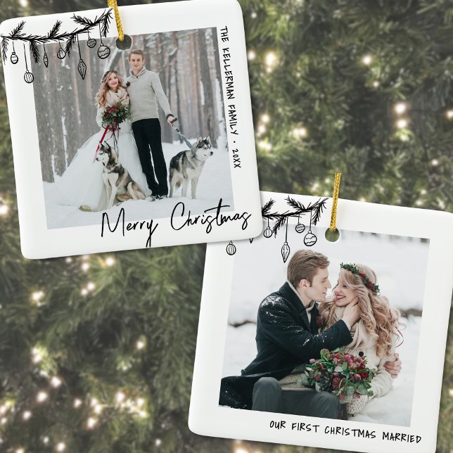 Ornement En Céramique Élégant noir blanc photo de Noël (Elegant Black White First Christmas Photo Ceramic Ornament)