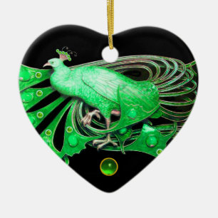 ORNEMENT EN CÉRAMIQUE ELÉGANT PEACOCK DANS LE COEUR ÉMERAUDE VERT