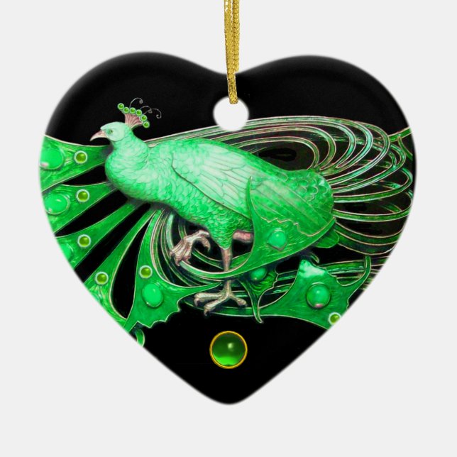 ORNEMENT EN CÉRAMIQUE ELÉGANT PEACOCK DANS LE COEUR ÉMERAUDE VERT (Devant)