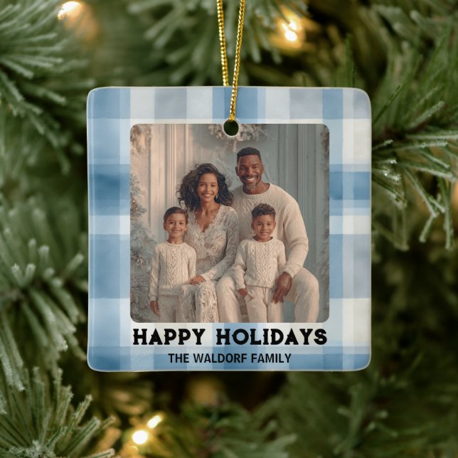 Ornement En Céramique Elegant Photo Blue Plaid Christmas Ornament  (Arbre)